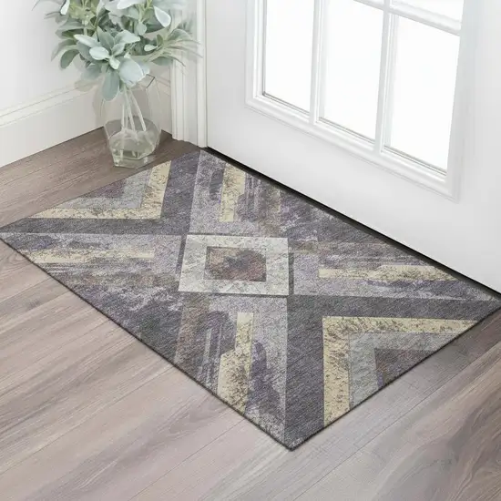 Purple Gold And Ivory Geometric Washable Area Rug With UV Protection Photo 2
