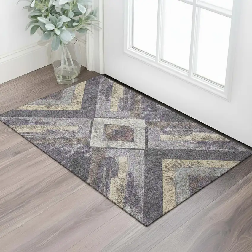 Purple Gold And Ivory Geometric Washable Area Rug With UV Protection Photo 2
