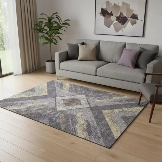 Purple Gold And Ivory Geometric Washable Area Rug With UV Protection Photo 2