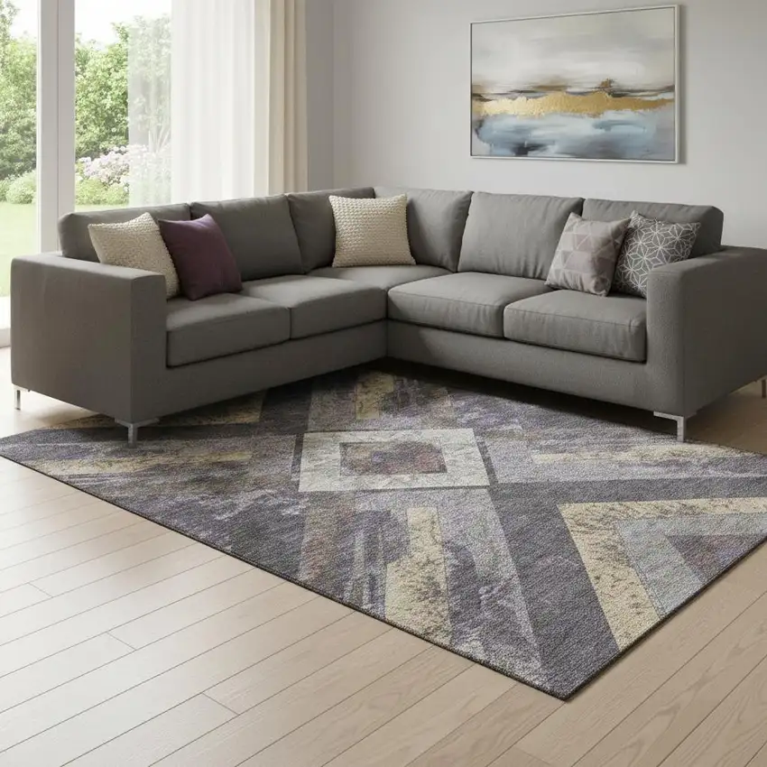 Purple Gold And Ivory Geometric Washable Area Rug With UV Protection Photo 2