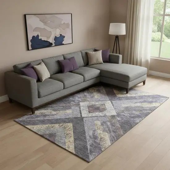 Purple Gold And Ivory Geometric Washable Area Rug With UV Protection Photo 2