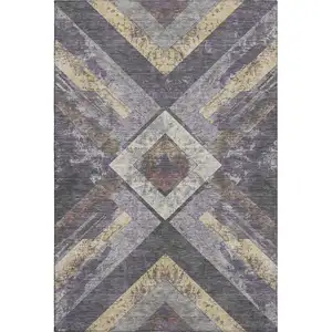 Photo of Purple Gold And Ivory Geometric Washable Area Rug With UV Protection