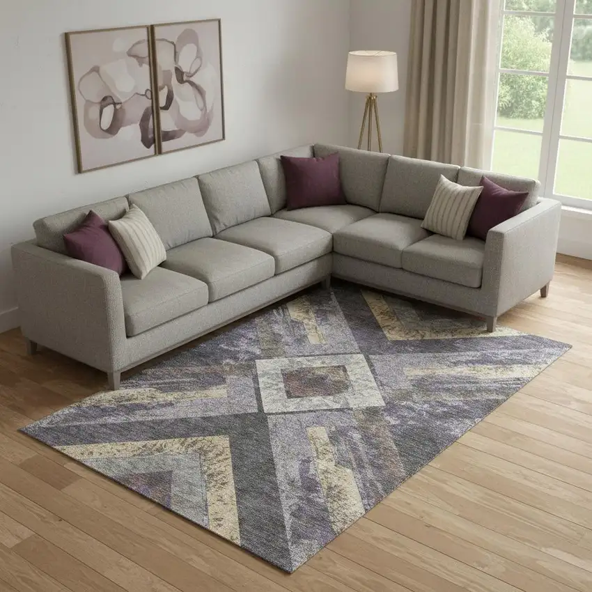 Purple Gold And Ivory Geometric Washable Area Rug With UV Protection Photo 2