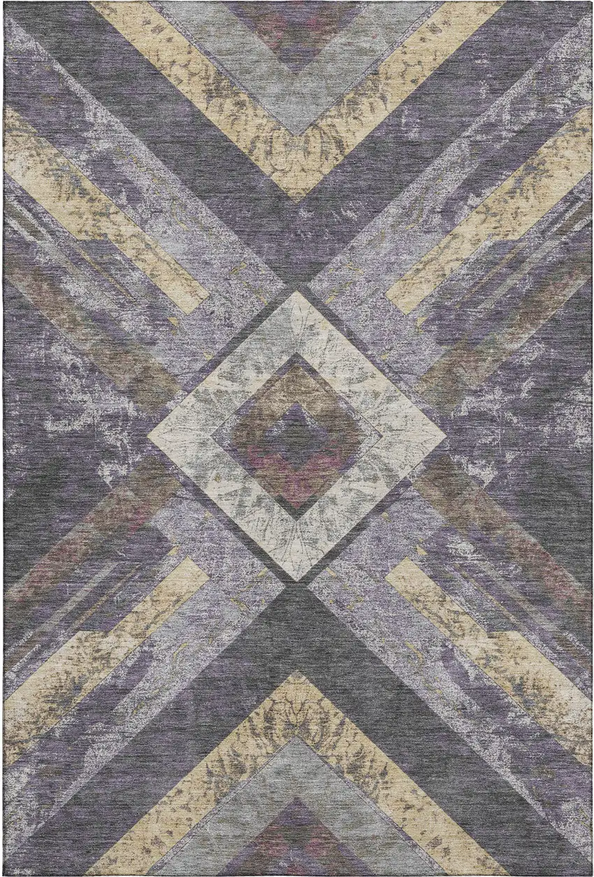 Purple Gold And Ivory Geometric Washable Area Rug With UV Protection Photo 1