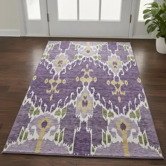 Purple Gold And Ivory Ikat Washable Area Rug With UV Protection Photo 2
