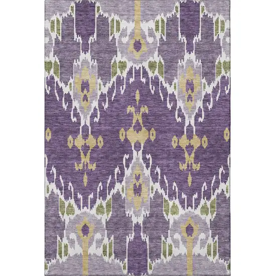 Purple Gold And Ivory Ikat Washable Area Rug With UV Protection Photo 4