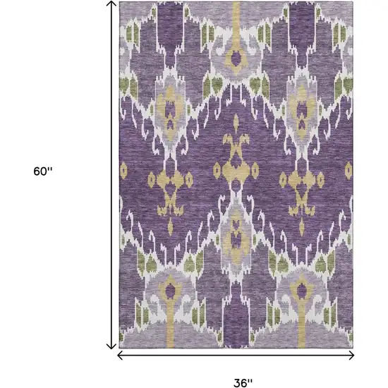 Purple Gold And Ivory Ikat Washable Area Rug With UV Protection Photo 3