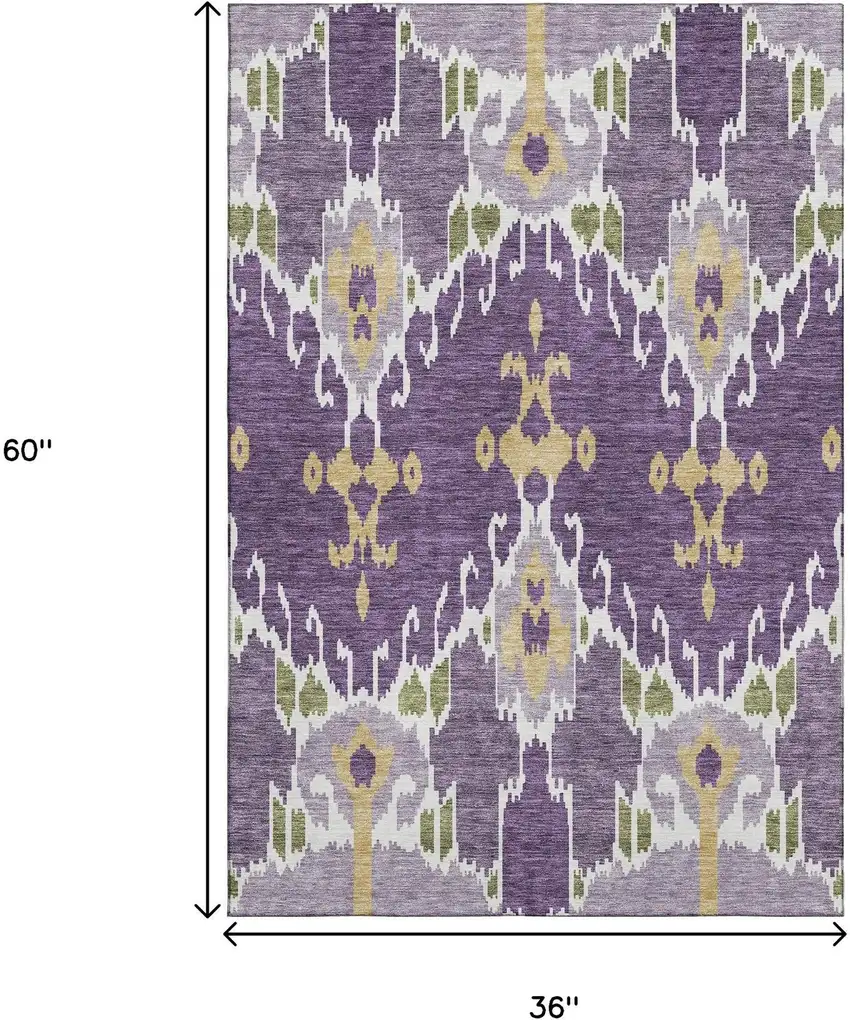 Purple Gold And Ivory Ikat Washable Area Rug With UV Protection Photo 3