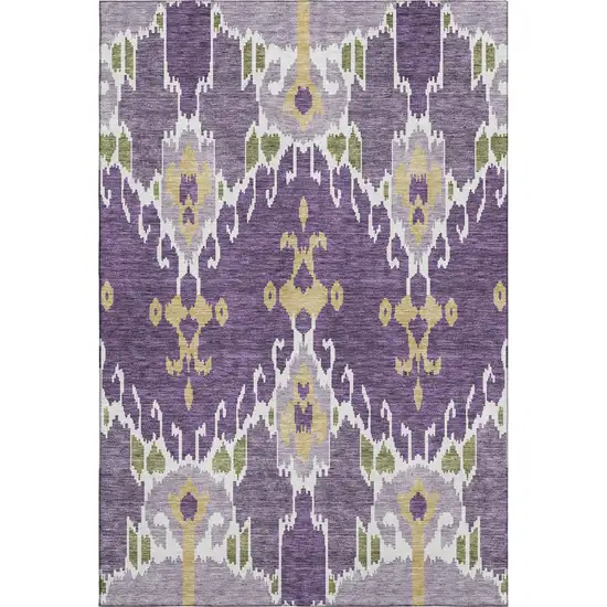 Purple Gold And Ivory Ikat Washable Area Rug With UV Protection Photo 1