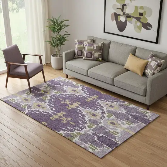 Purple Gold And Ivory Ikat Washable Area Rug With UV Protection Photo 1