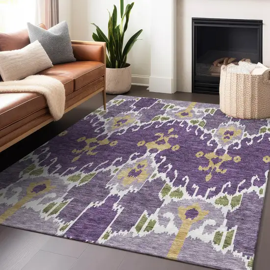 Purple Gold And Ivory Ikat Washable Area Rug With UV Protection Photo 6