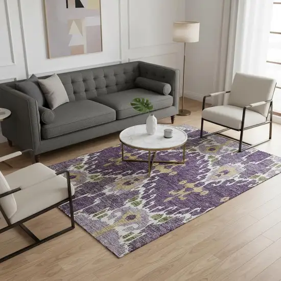 Purple Gold And Ivory Ikat Washable Area Rug With UV Protection Photo 2