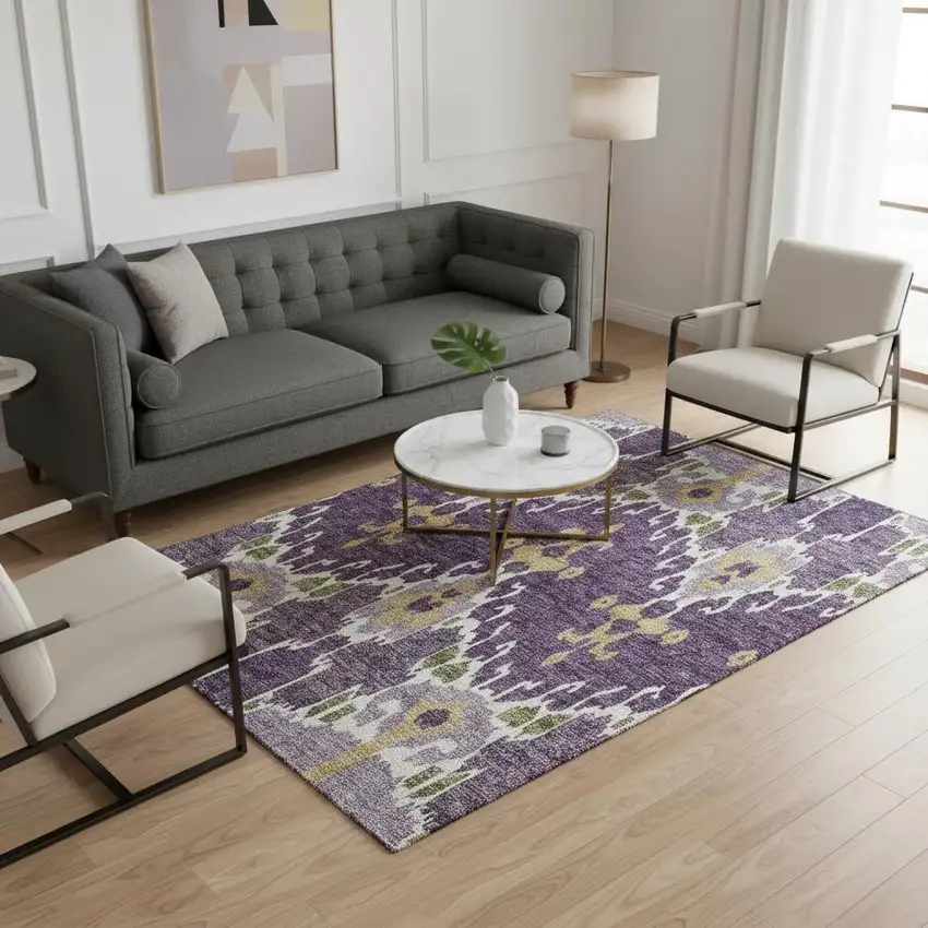 Purple Gold And Ivory Ikat Washable Area Rug With UV Protection Photo 2