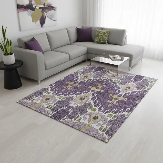 Purple Gold And Ivory Ikat Washable Area Rug With UV Protection Photo 2