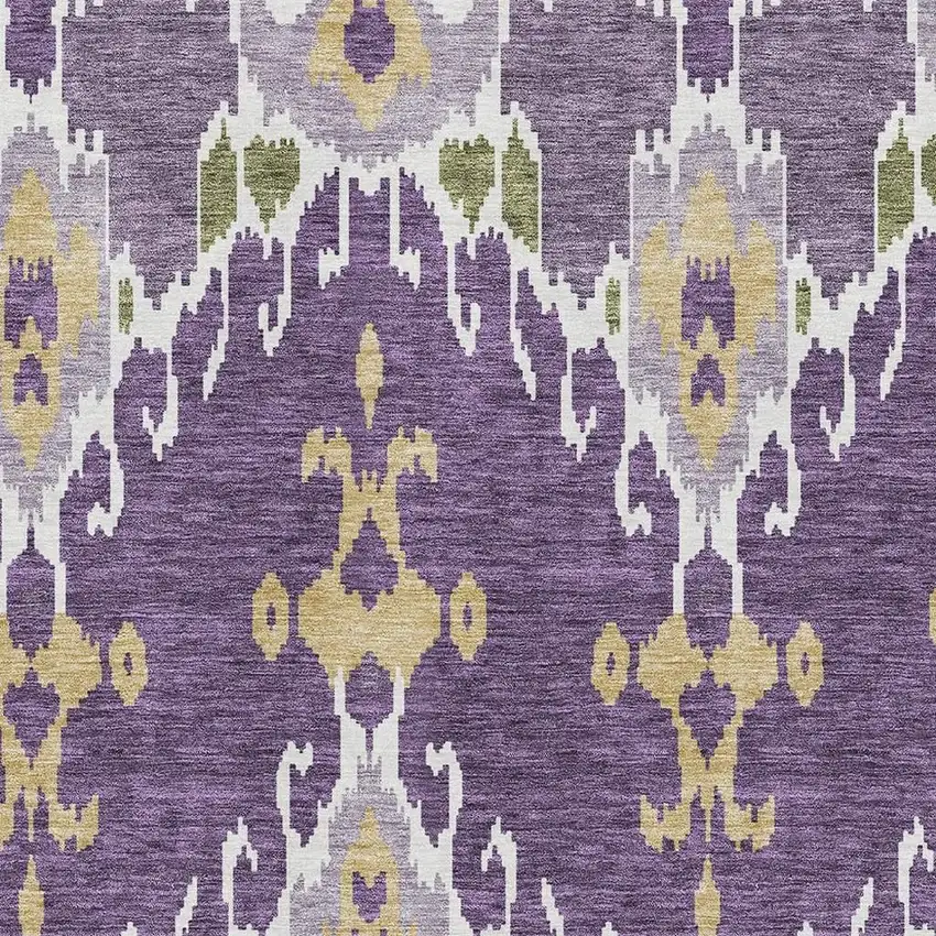 Purple Gold And Ivory Ikat Washable Area Rug With UV Protection Photo 3
