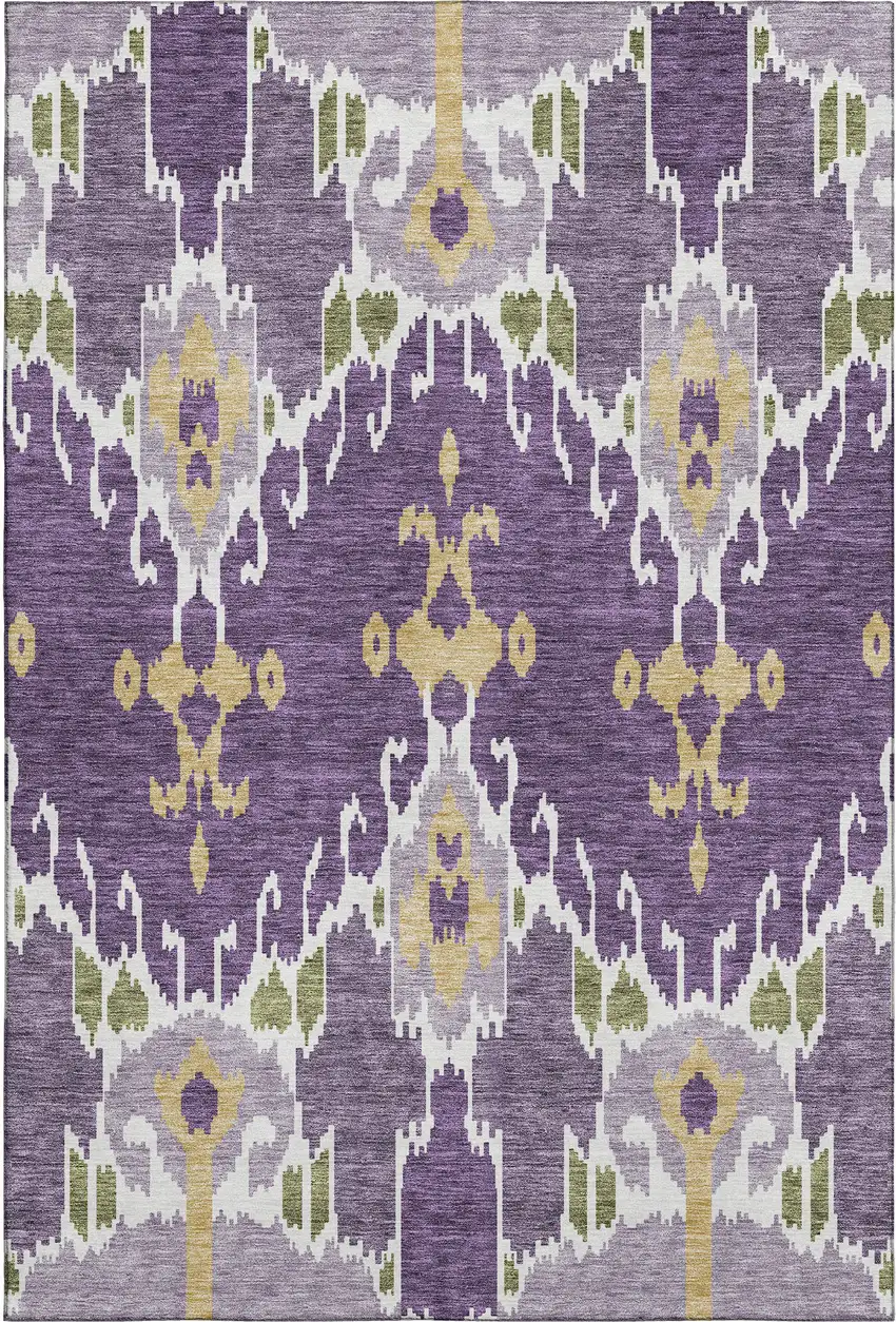 Purple Gold And Ivory Ikat Washable Area Rug With UV Protection Photo 1