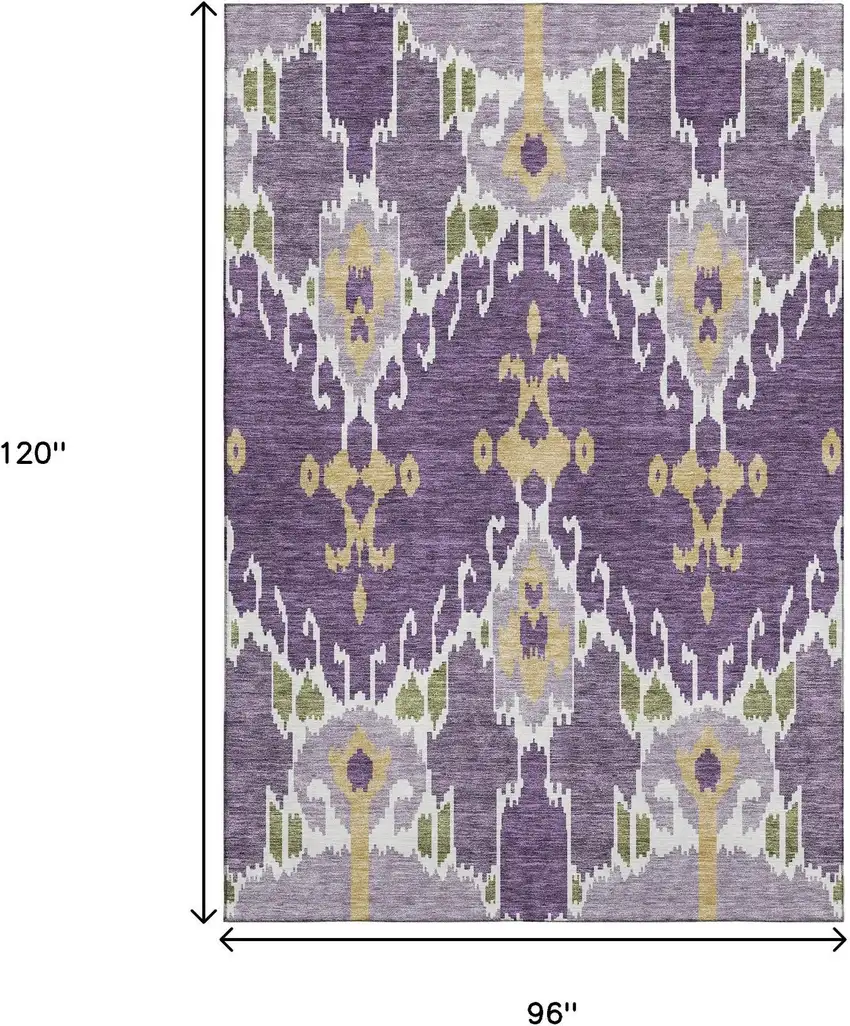 Purple Gold And Ivory Ikat Washable Area Rug With UV Protection Photo 3