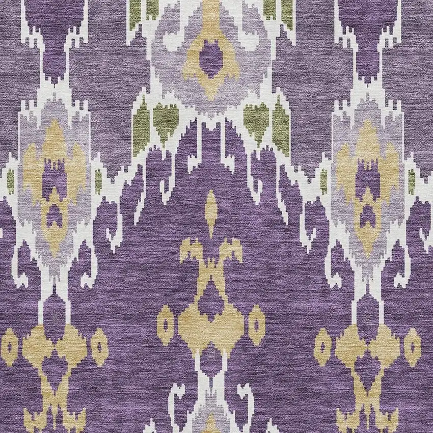 Purple Gold And Ivory Ikat Washable Area Rug With UV Protection Photo 3