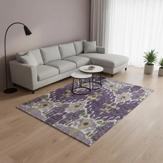 Purple Gold And Ivory Ikat Washable Area Rug With UV Protection Photo 2