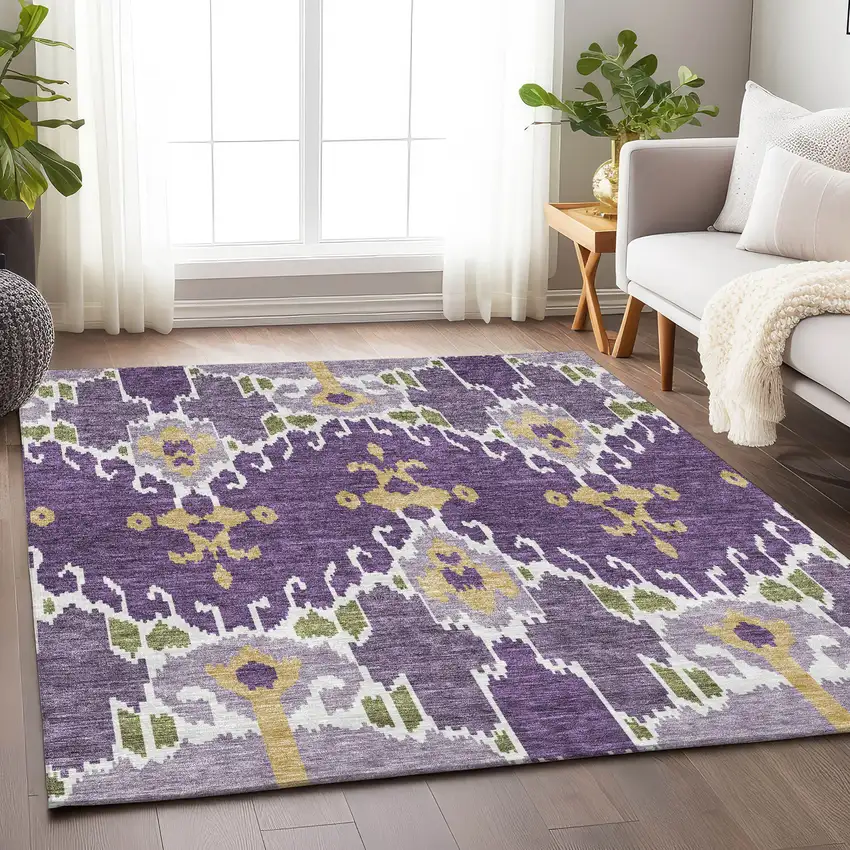Purple Gold And Ivory Ikat Washable Area Rug With UV Protection Photo 5