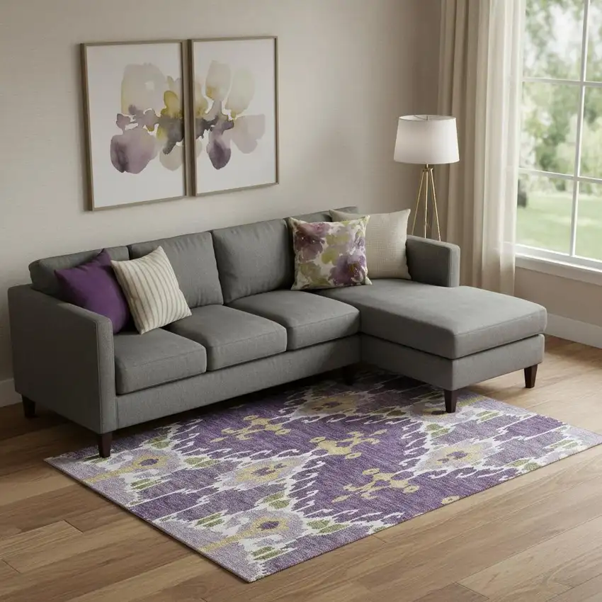 Purple Gold And Ivory Ikat Washable Area Rug With UV Protection Photo 1