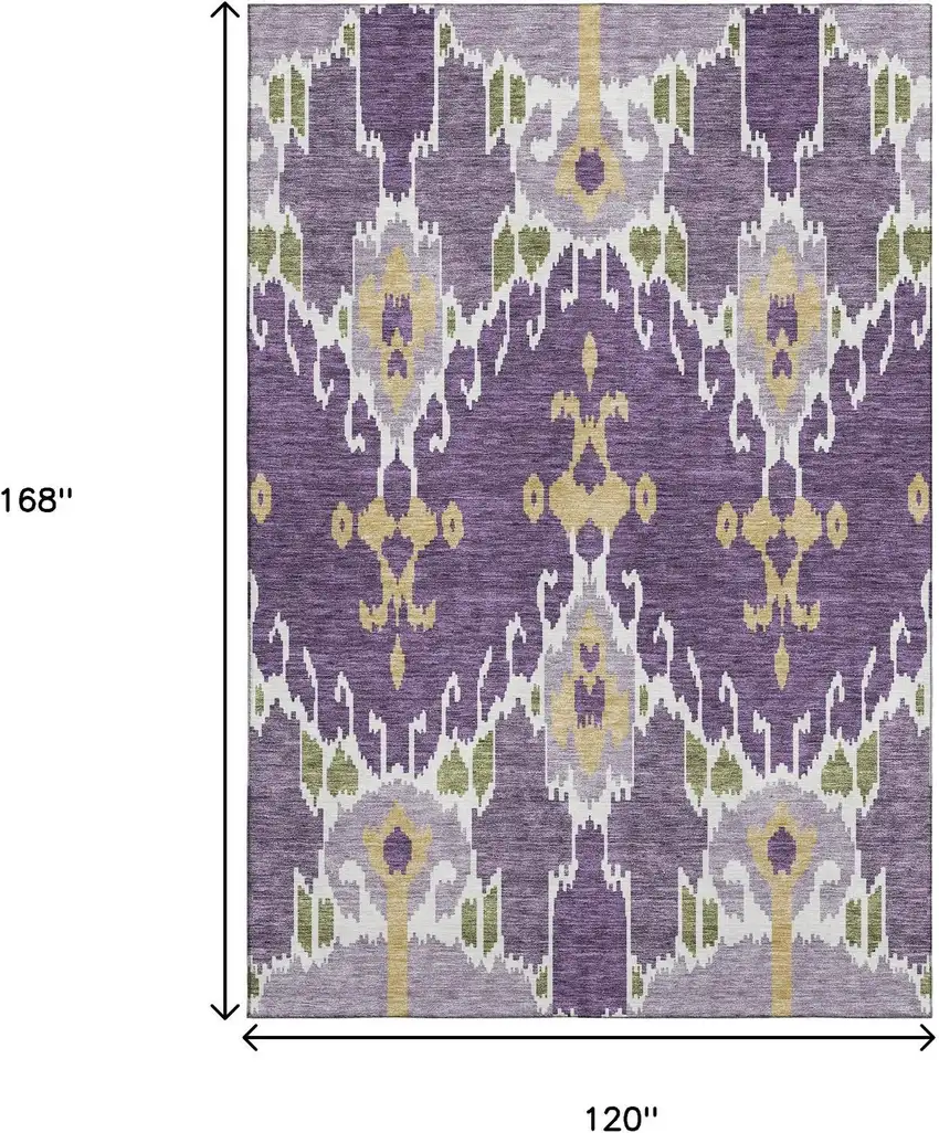 Purple Gold And Ivory Ikat Washable Area Rug With UV Protection Photo 3