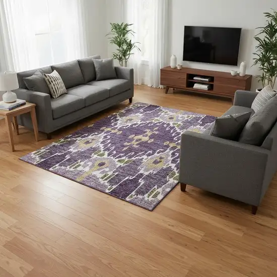 Purple Gold And Ivory Ikat Washable Area Rug With UV Protection Photo 2