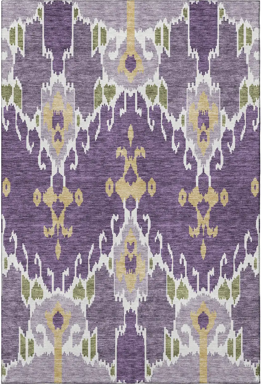 Purple Gold And Ivory Ikat Washable Area Rug With UV Protection Photo 4