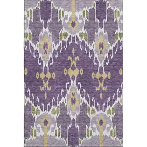 Photo of Purple Gold And Ivory Ikat Washable Area Rug With UV Protection