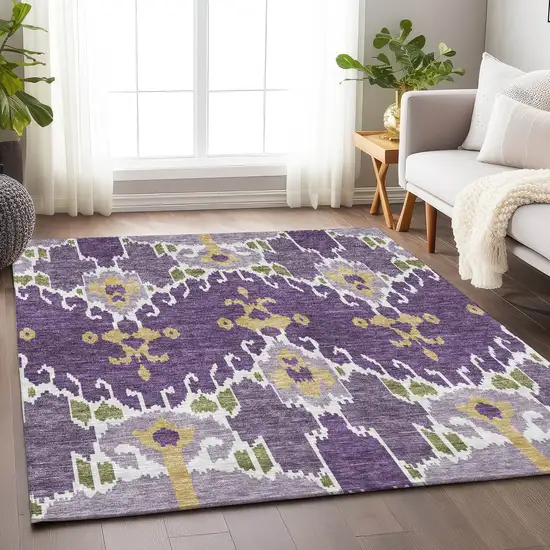 Purple Gold And Ivory Ikat Washable Area Rug With UV Protection Photo 5