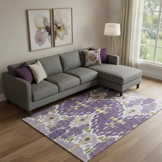 Purple Gold And Ivory Ikat Washable Area Rug With UV Protection Photo 1