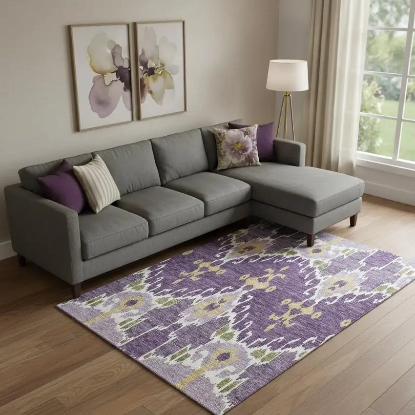 Purple Gold And Ivory Ikat Washable Area Rug With UV Protection Photo 1