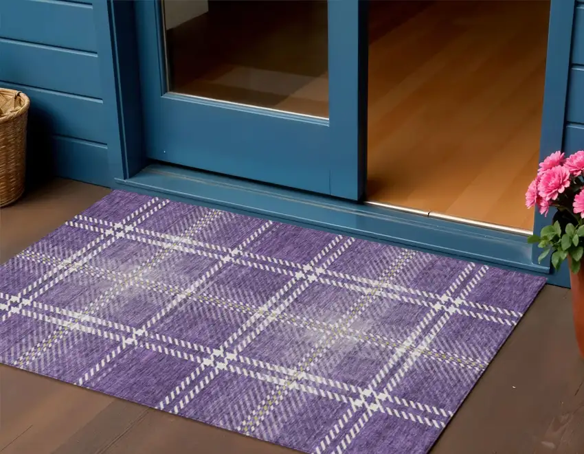 Purple Gold And Ivory Plaid Washable Indoor Outdoor Area Rug Photo 1