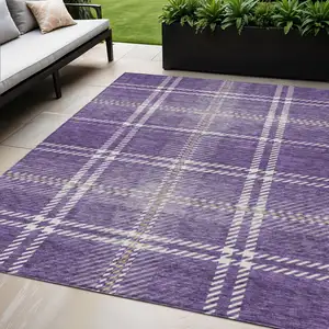 Photo of Purple Gold And Ivory Plaid Washable Indoor Outdoor Area Rug