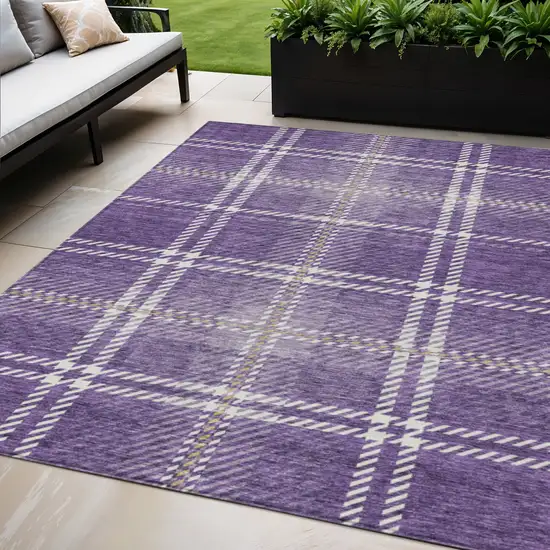 Purple Gold And Ivory Plaid Washable Indoor Outdoor Area Rug Photo 1
