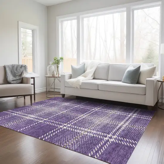 Purple Gold And Ivory Plaid Washable Indoor Outdoor Area Rug Photo 9
