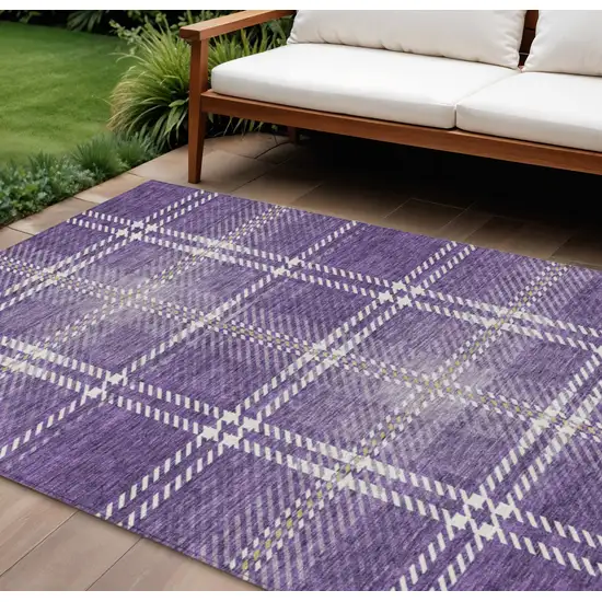Purple Gold And Ivory Plaid Washable Indoor Outdoor Area Rug Photo 1