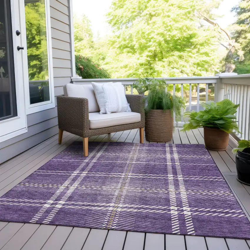 Purple Gold And Ivory Plaid Washable Indoor Outdoor Area Rug Photo 9