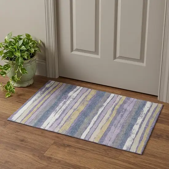Purple Gold And Ivory Striped Washable Area Rug With UV Protection Photo 1