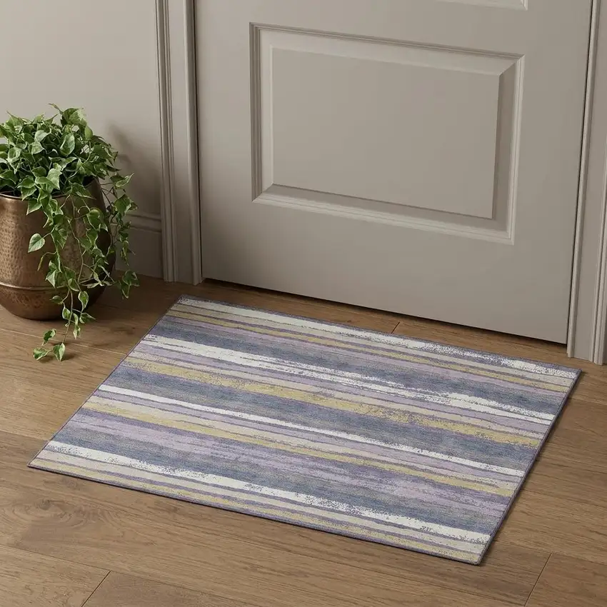 Purple Gold And Ivory Striped Washable Area Rug With UV Protection Photo 1