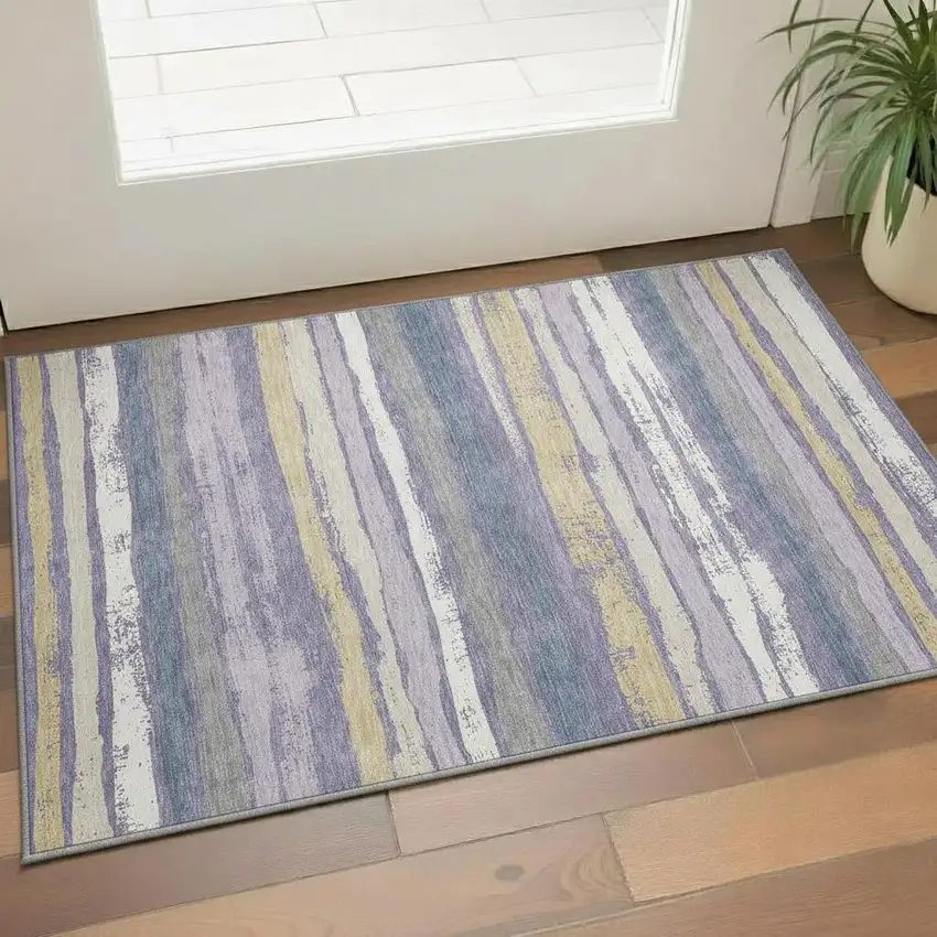 Purple Gold And Ivory Striped Washable Area Rug With UV Protection Photo 2