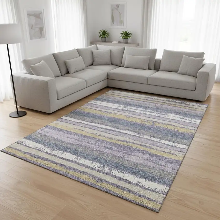 Purple Gold And Ivory Striped Washable Area Rug With UV Protection Photo 2