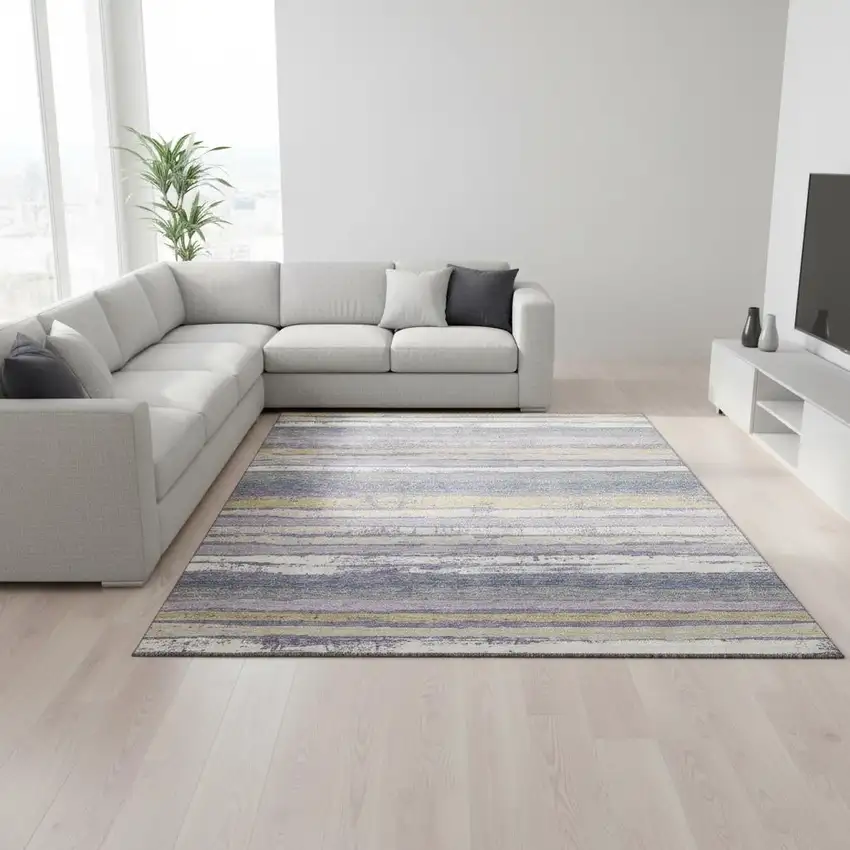 Purple Gold And Ivory Striped Washable Area Rug With UV Protection Photo 2