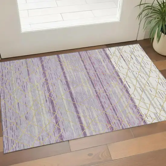 Purple Gold And Ivory Striped Washable Area Rug With UV Protection Photo 1