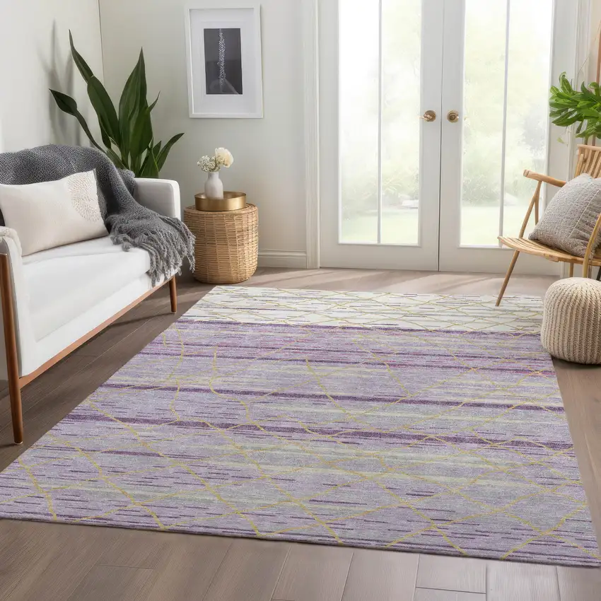 Purple Gold And Ivory Striped Washable Area Rug With UV Protection Photo 4