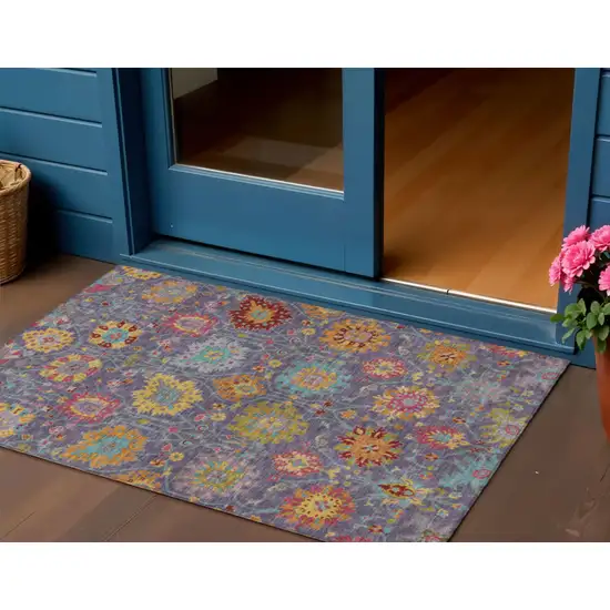 Purple Gold And Pink Damask Washable Indoor Outdoor Area Rug Photo 1