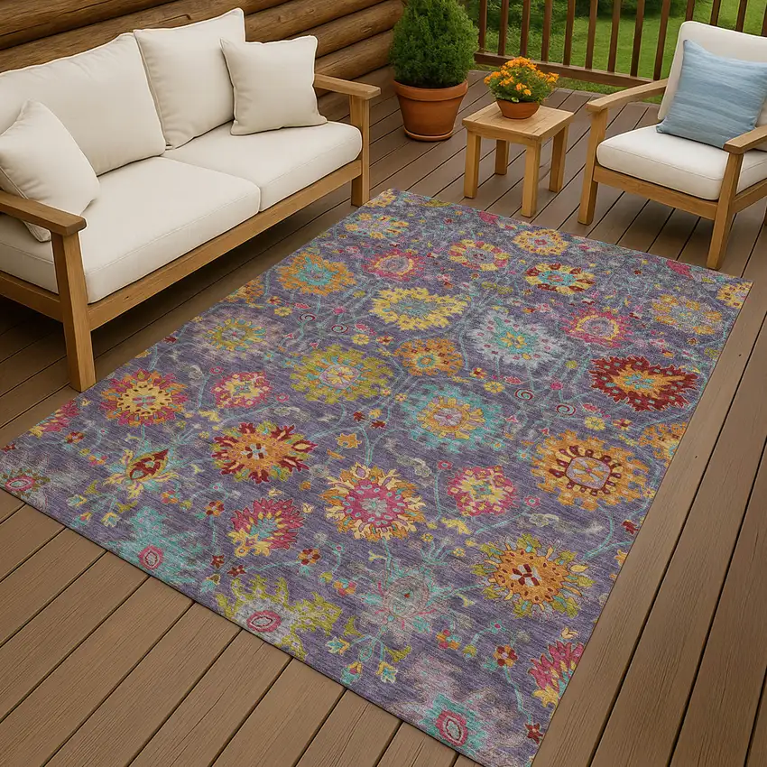 Purple Gold And Pink Damask Washable Indoor Outdoor Area Rug Photo 9