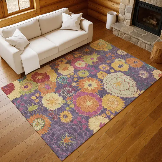 Purple Gold And Pink Floral Washable Indoor Outdoor Area Rug Photo 8