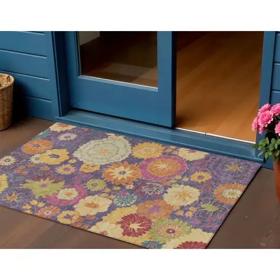 Purple Gold And Pink Floral Washable Indoor Outdoor Area Rug Photo 1