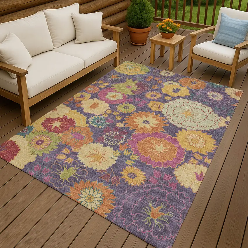 Purple Gold And Pink Floral Washable Indoor Outdoor Area Rug Photo 9